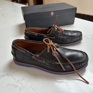 Allen Edmonds Black Leather Boat Shoes with Tan Laces